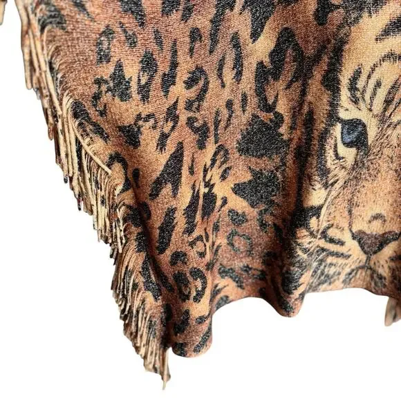 Women's Winter Tiger Print Shawl Poncho Shoulder Scarf Brown Shades One Size - Picture 3 of 6